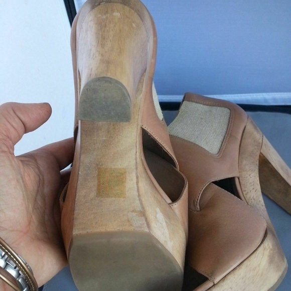 Theory Tan Leather Platform Chunky Heels Booties OPEN TOE shoes 9 - Picture 6 of 6